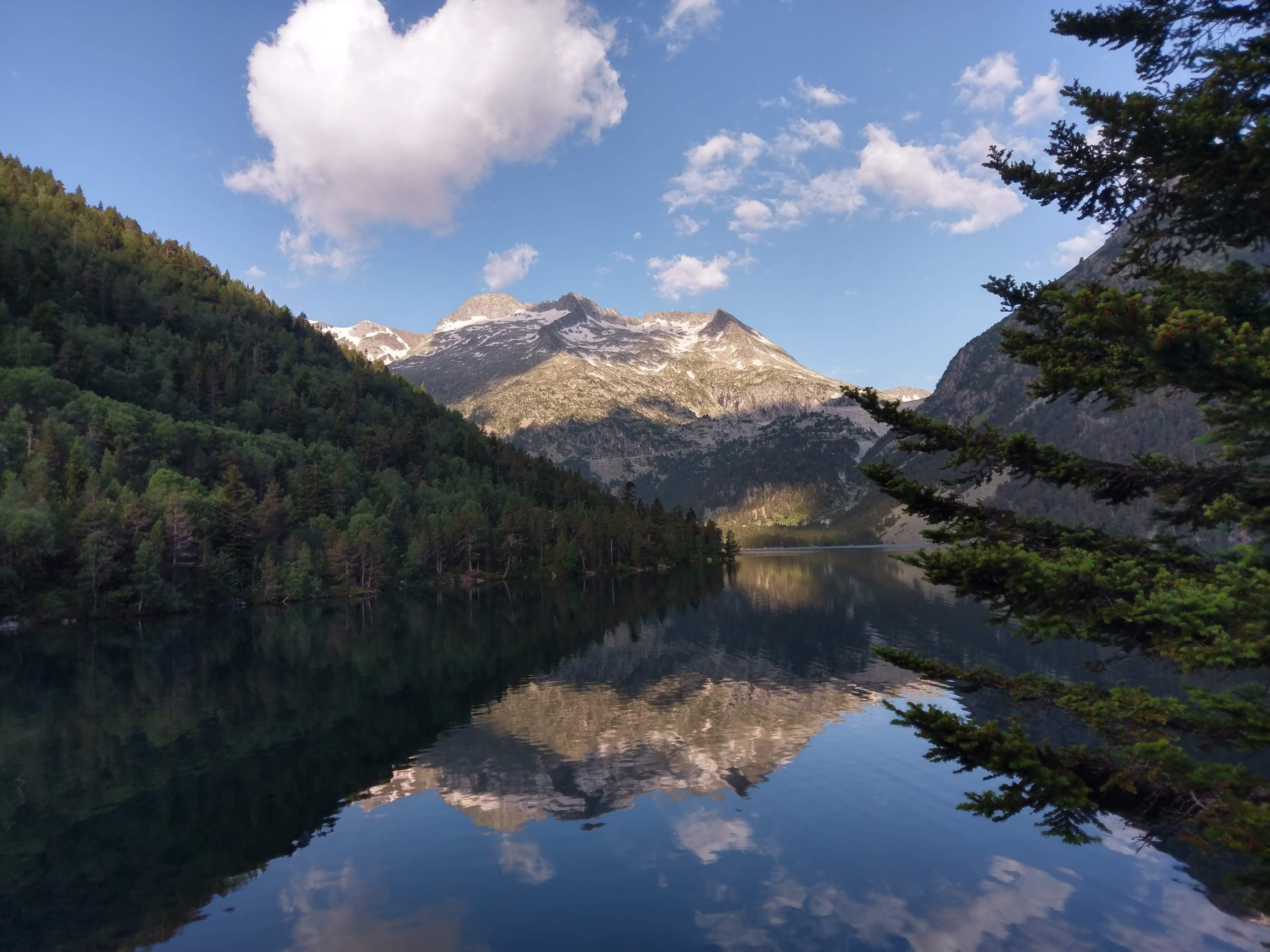 Un paysage de montagne serein avec un lac limpide reflétant les sommets enneigés, la forêt dense et un ciel bleu parsemé de nuages. Des branches de pin encadrent la vue, créant une ambiance paisible et naturelle.